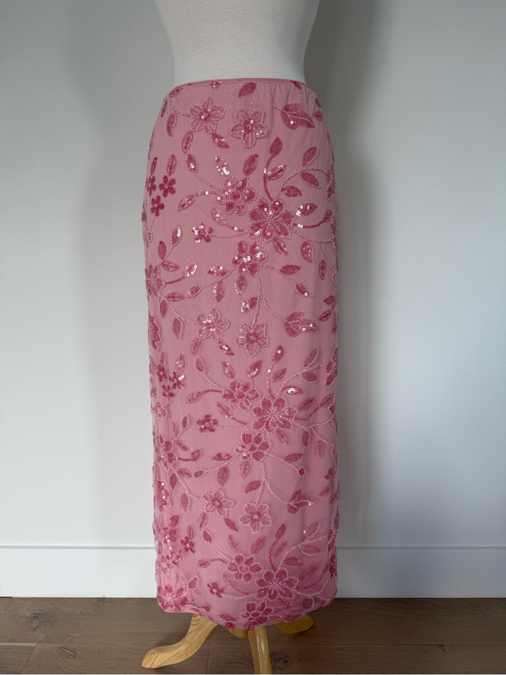 SHEIN Pink Sequined Floral Embellished Maxi Skirt